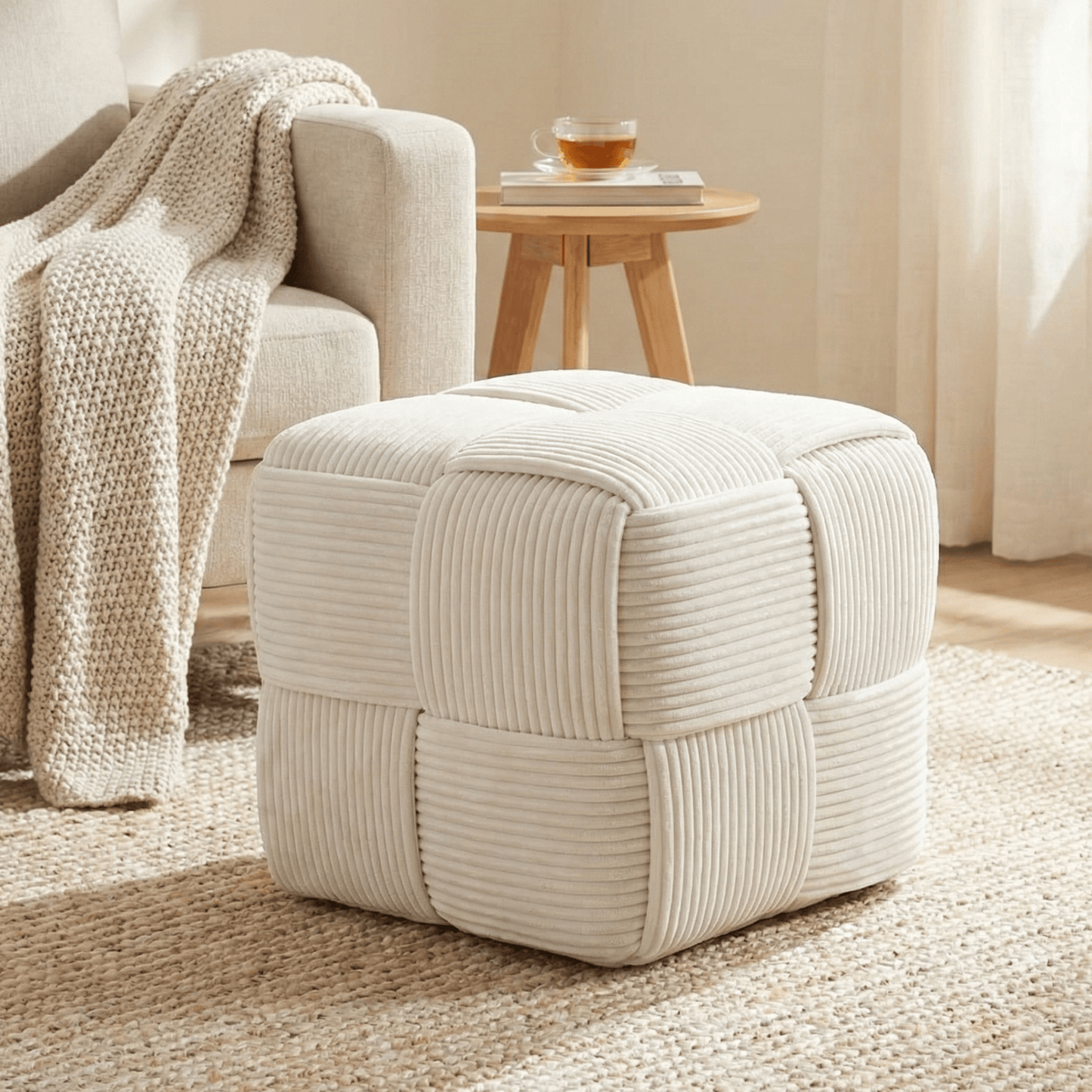 Poef – ribstof - crème - 40 × 40 cm