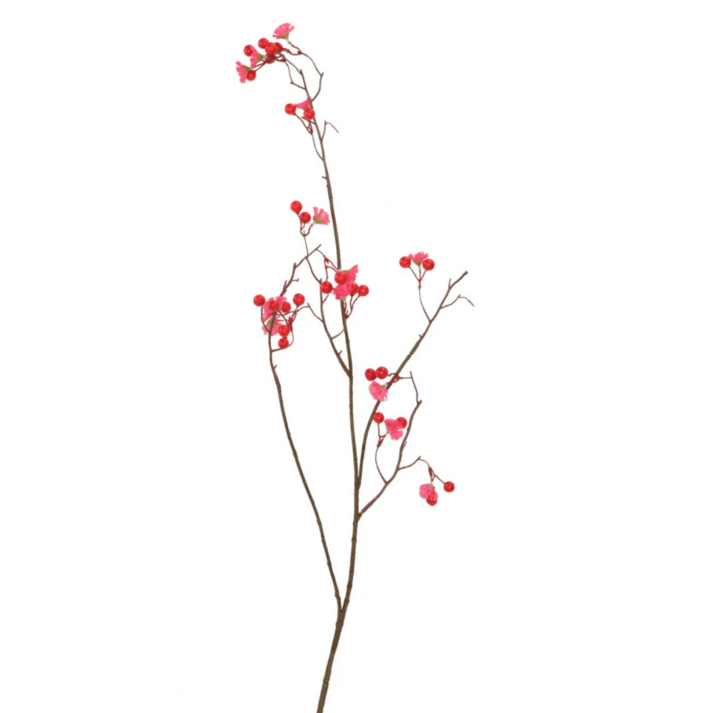 Künstlicher Zweig mit roten Beeren und Fuchsienblüten - 95 cm