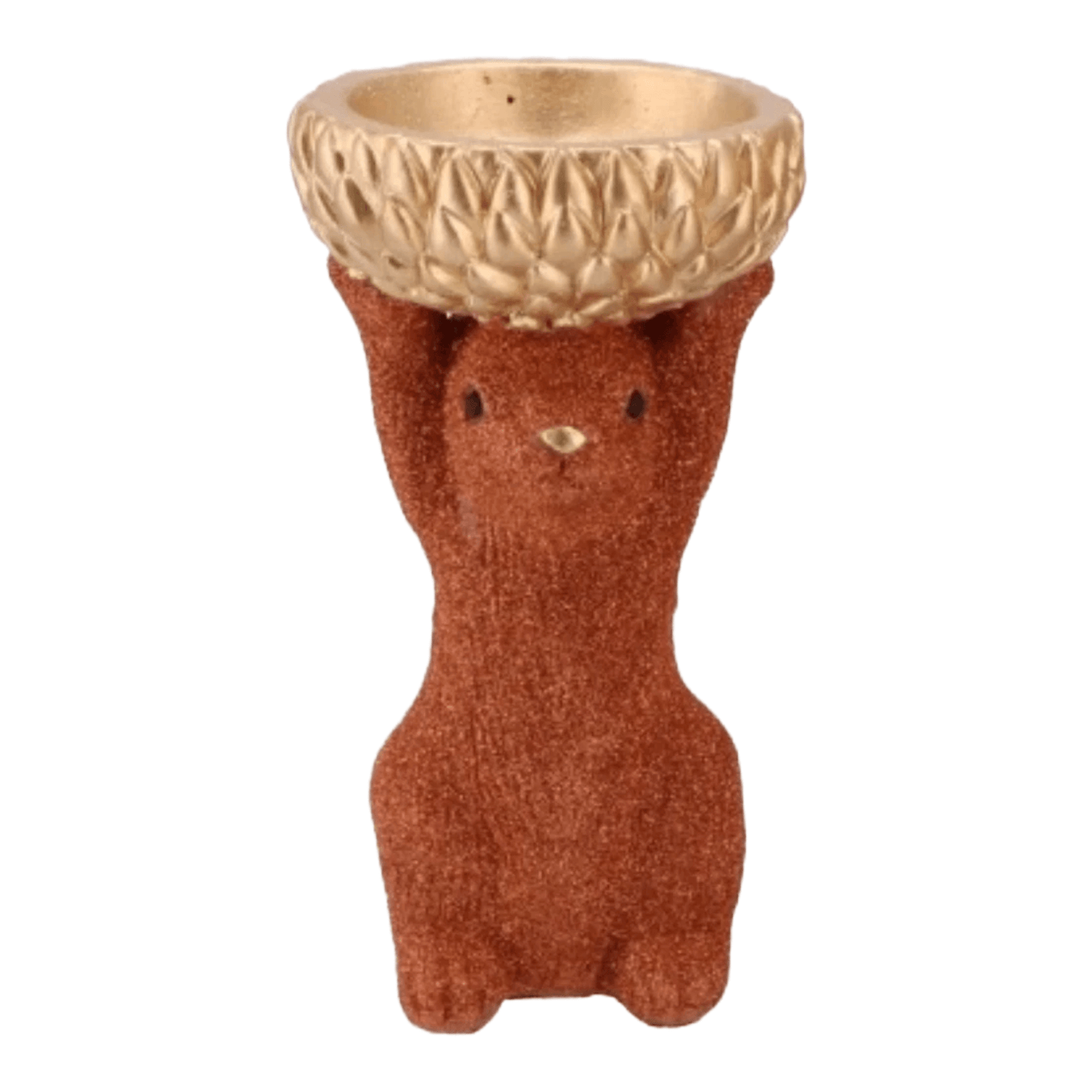 Eekhoorn koper glitter met gouden mandje 17cm hoog op
