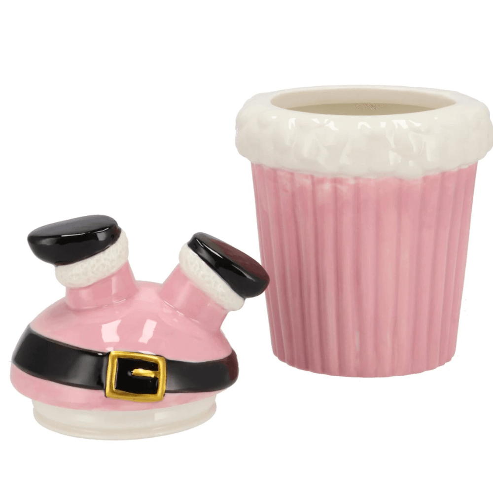 Voorraadpot Kerstman op z’n kop – Roze – 21 cm hoog
