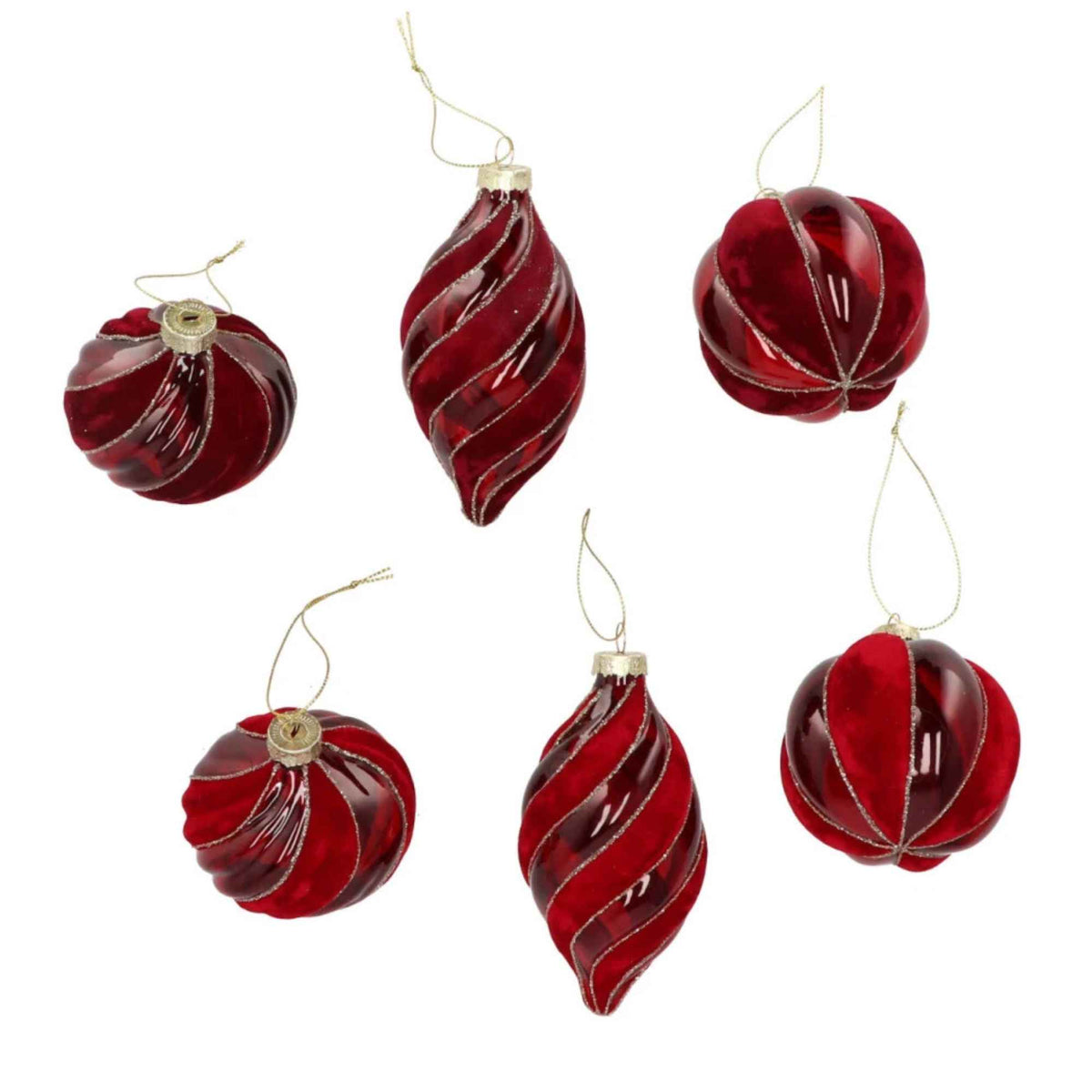 Glazen Kerstballen met fluweel- Rood & Bordeaux – Set van 6