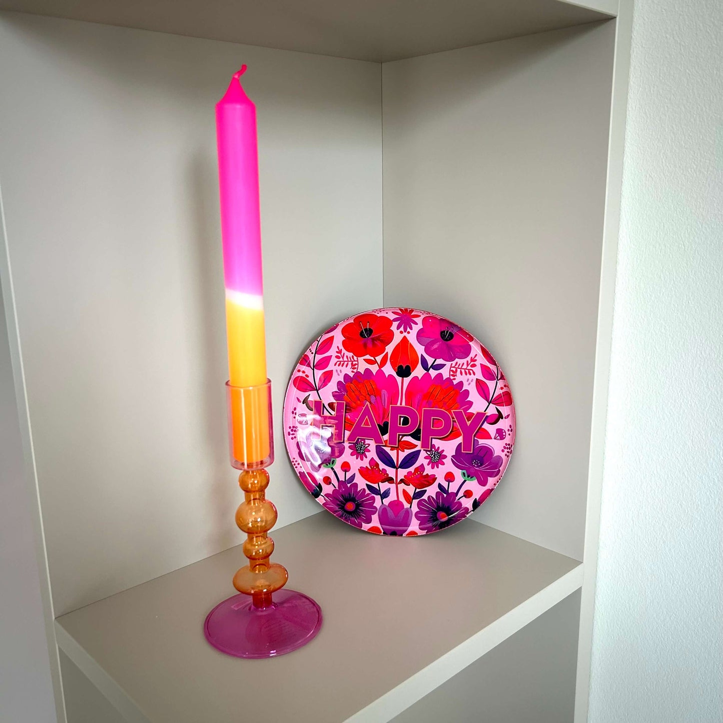 Glazen kandelaar roze/oranje/paars