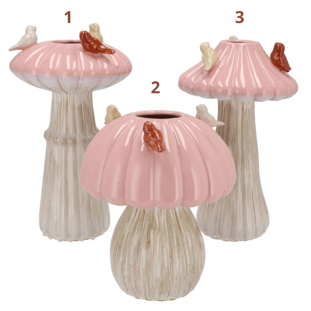 Paddestoel Vaas large met Vogeltjes - Roze & Wit