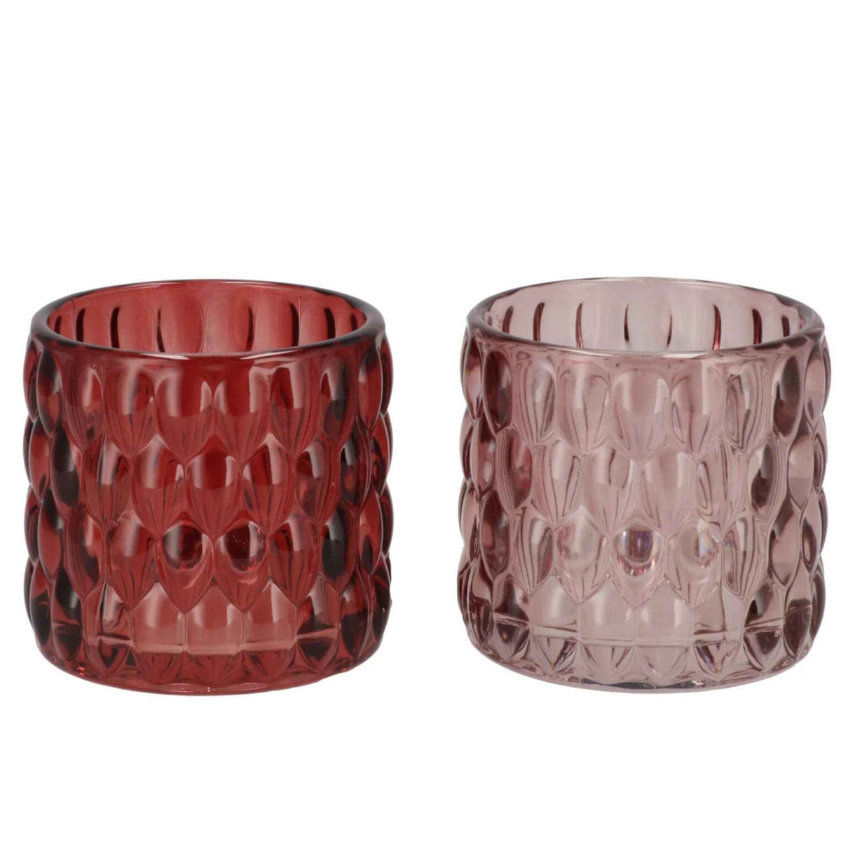 Glazen waxinehouders roze met reliëf – Set van 2