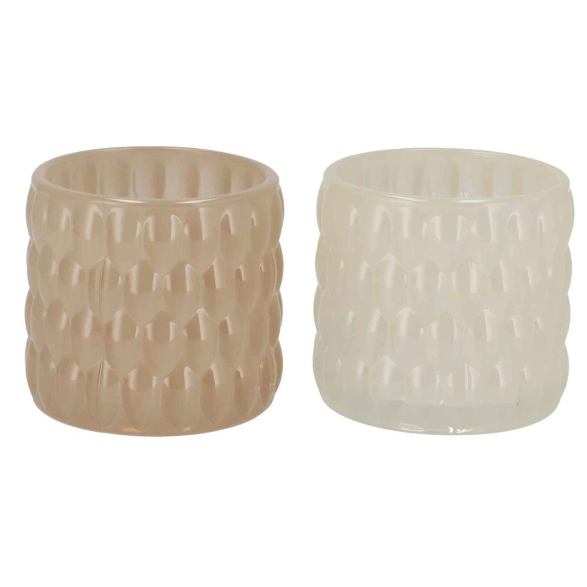 Glazen waxinehouders zandkleur met reliëf – Set van 2