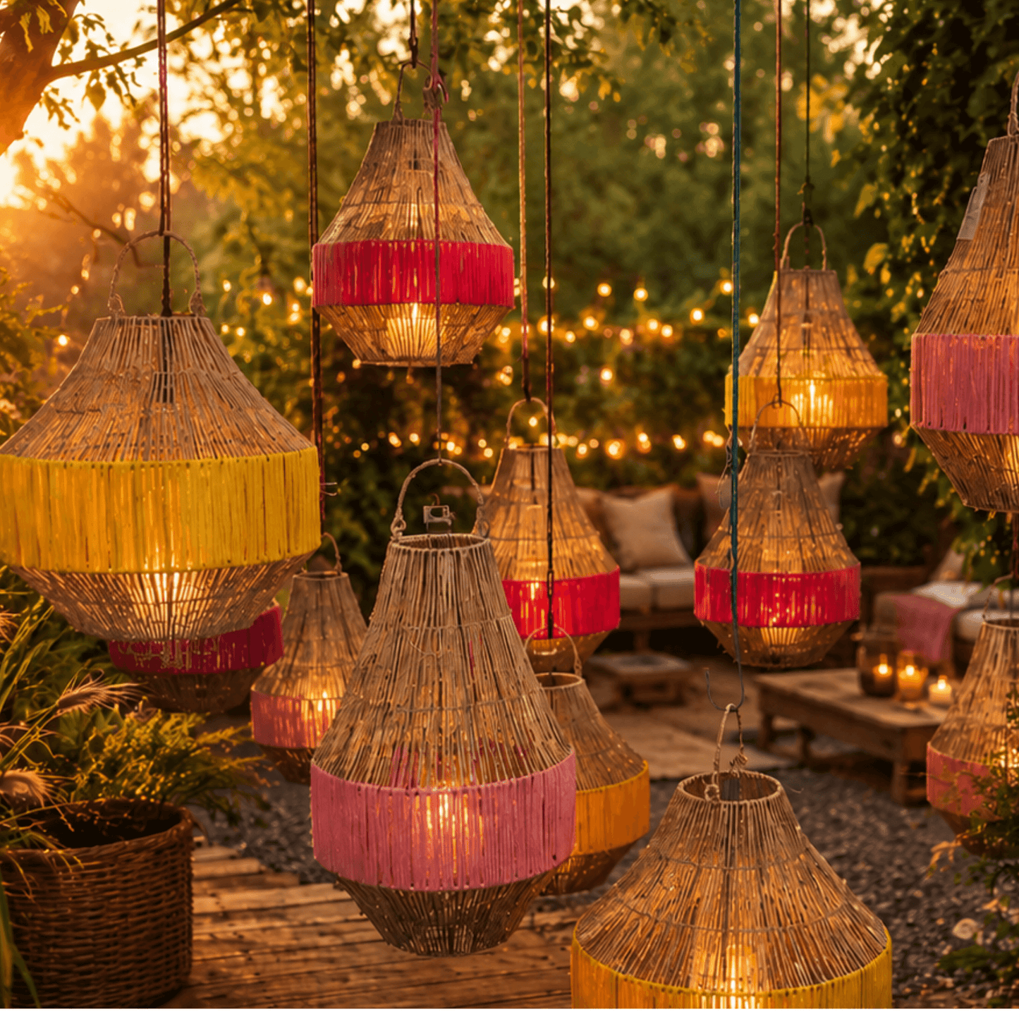 Jute lantaarn met roze band – 42 cm hoog