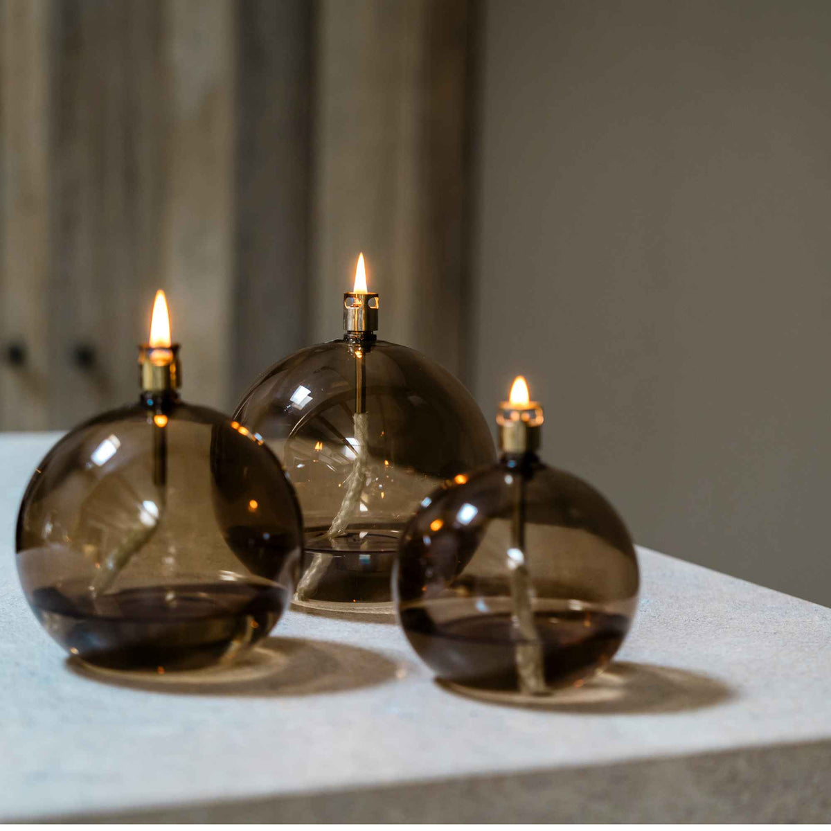 Glazen olielamp rond - Champagne – in 3 maten verkrijbaar