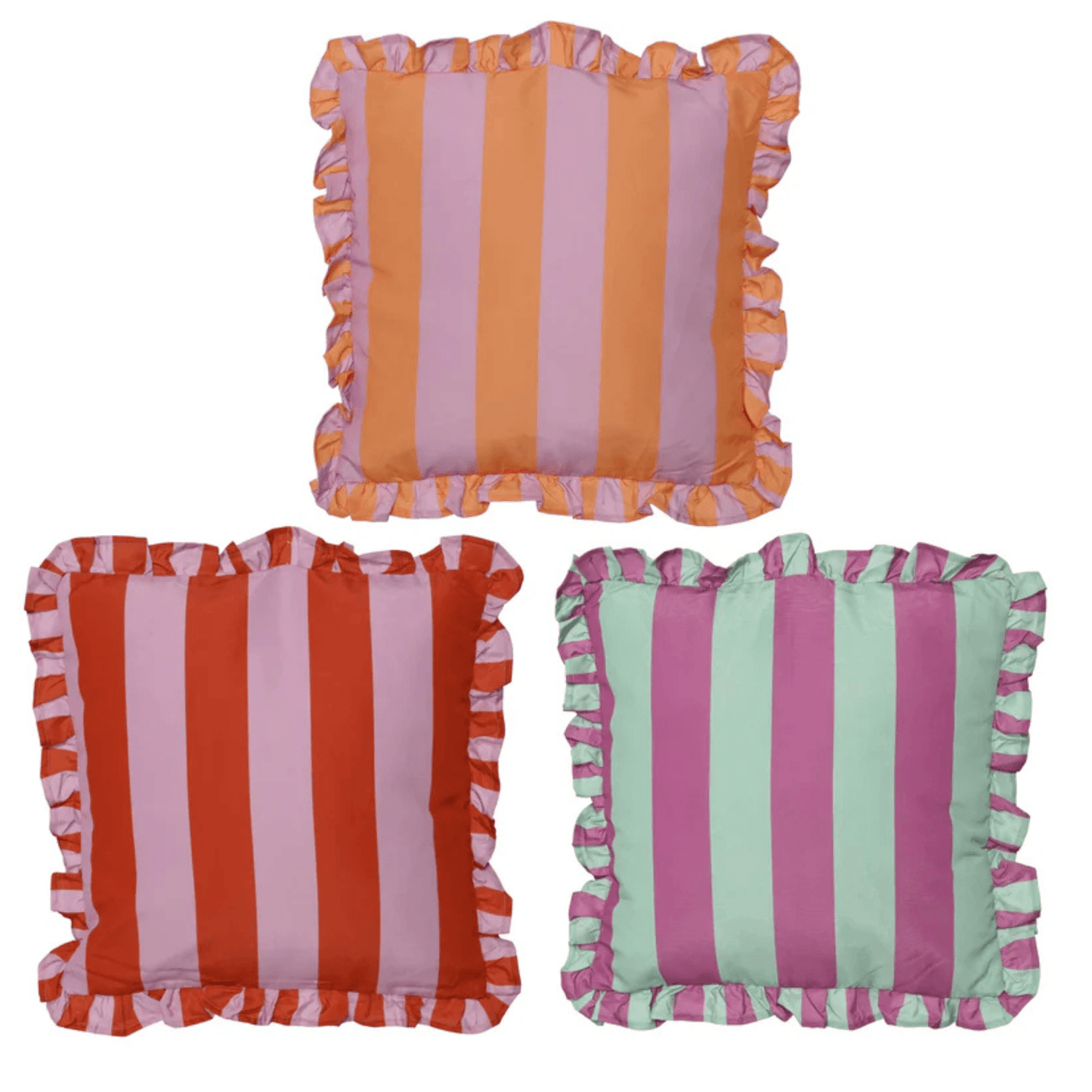 Gestreiftes Outdoor-Kissen mit Rüschenrand – Rot/Lila – 45x45 cm