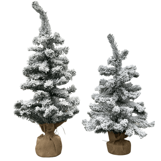 Kunst Kerstboom met Sneeuw – in twee maten – Stevige Voet met Jute