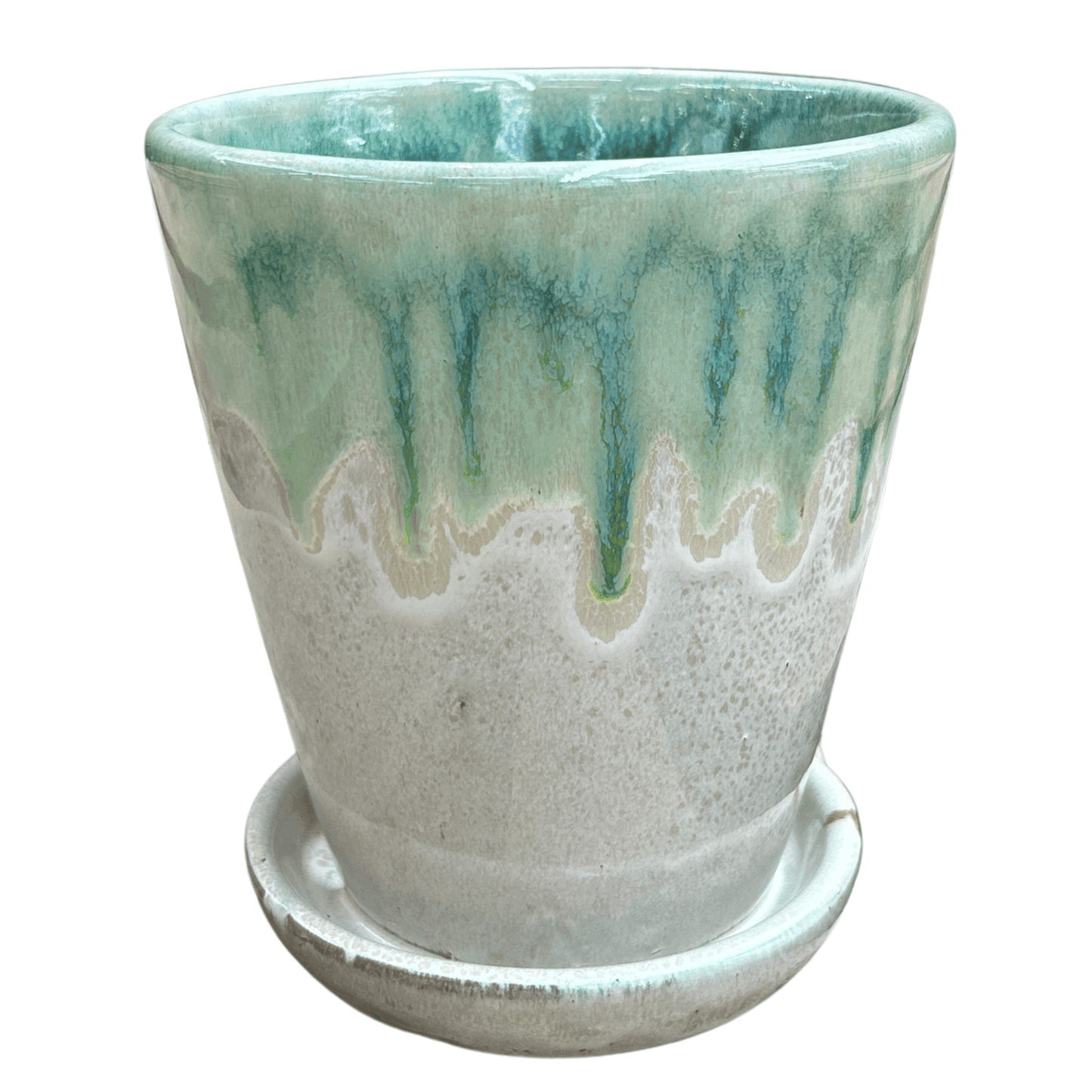 Plantenpotje kiezel/groen met schotel – Handgemaakt - 17 cm