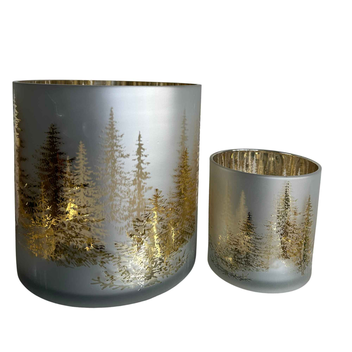 Glazen windlicht Winterbos wit & goud – 2 maten