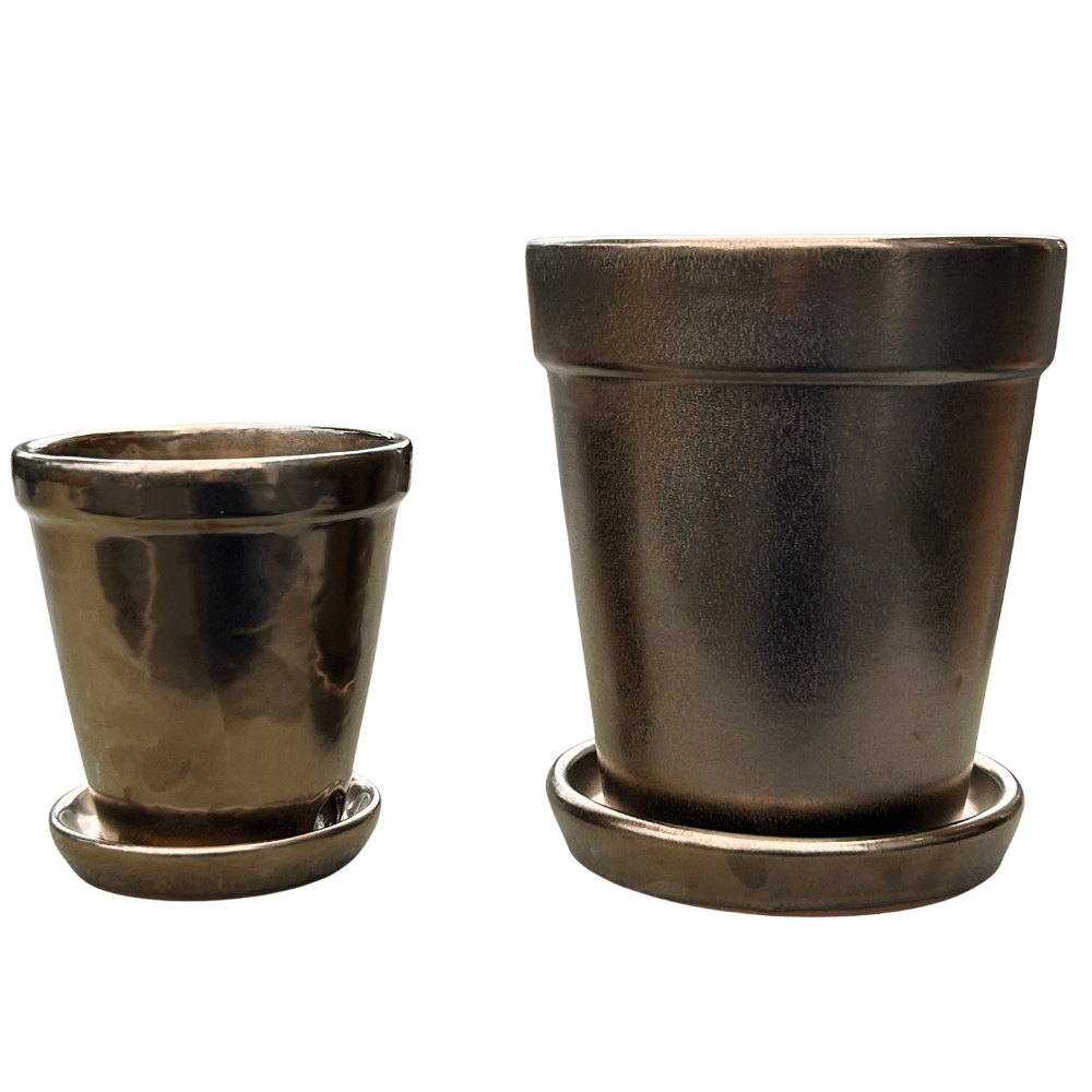 Aardewerken Pot met Vaste Schotel – Goudbruin Metallic –  in 2 Maten