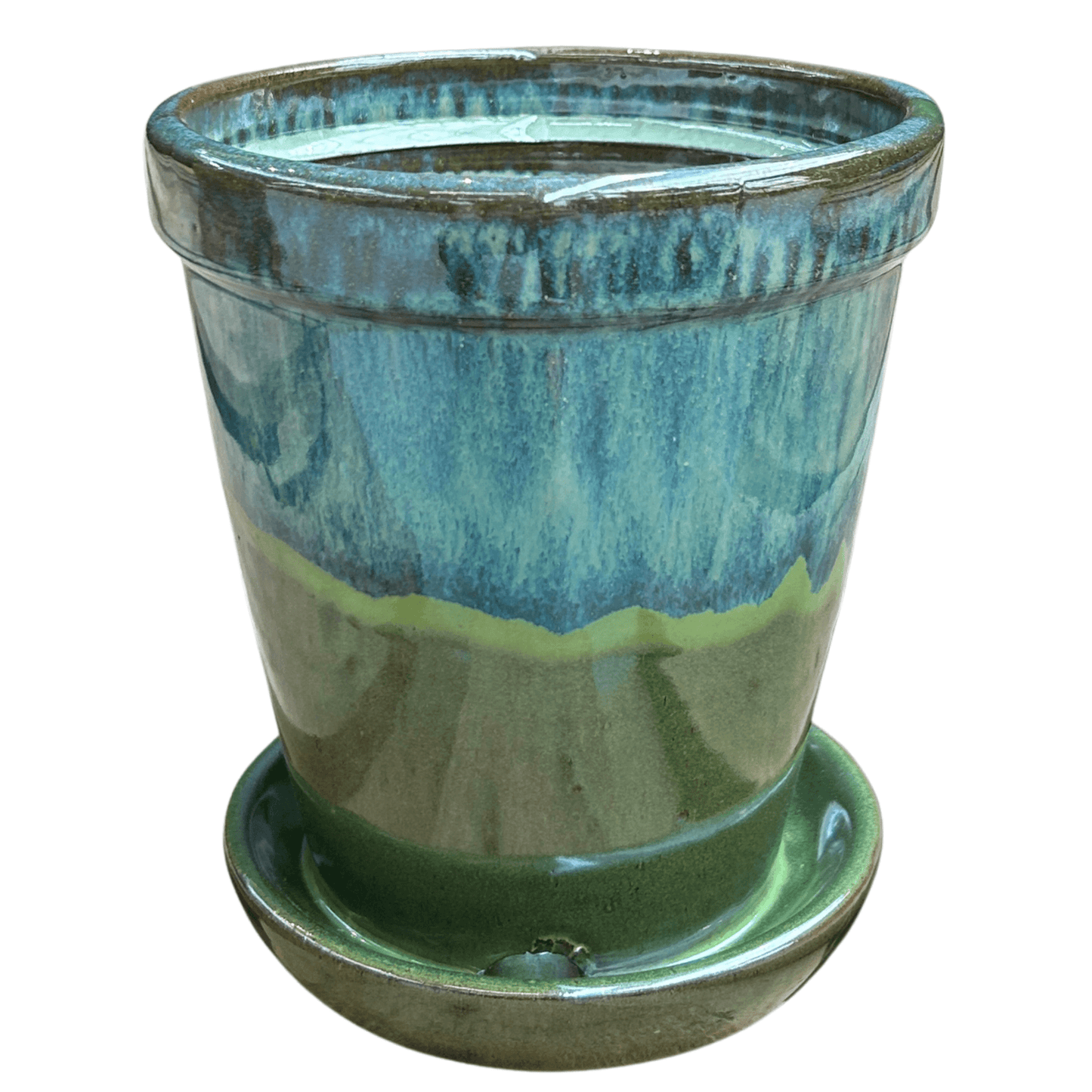 Plantenpotje groen/blauw  met schotel – Handgemaakt - 17 cm