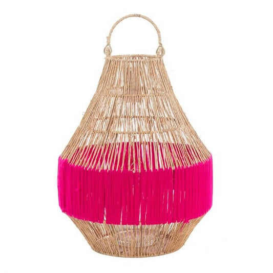 Jute lantaarn met fuchsia roze band – 37 cm hoog