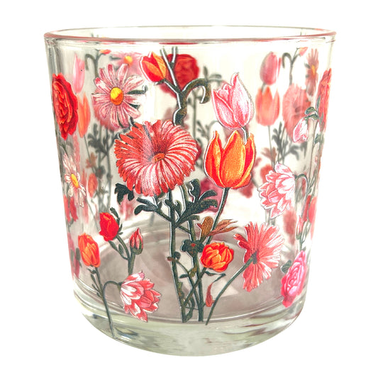 Glazen windlicht met rode bloemenprint - 15cm hoog