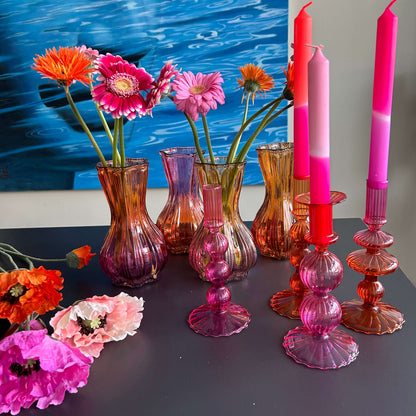 Glazen kandelaar bicolor oranje/roze