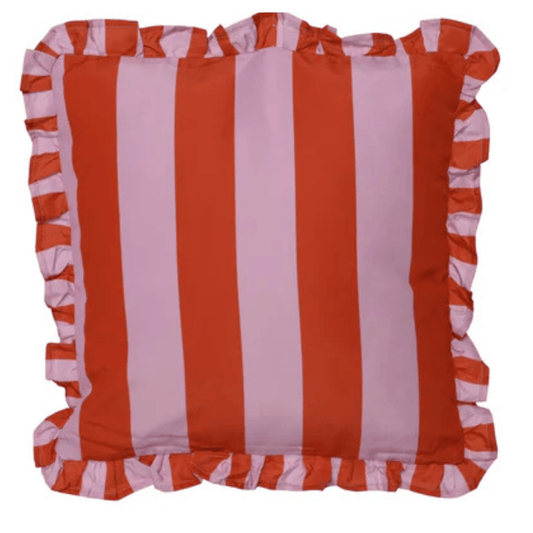 Gestreiftes Outdoor-Kissen mit Rüschenrand – Rot/Lila – 45x45 cm