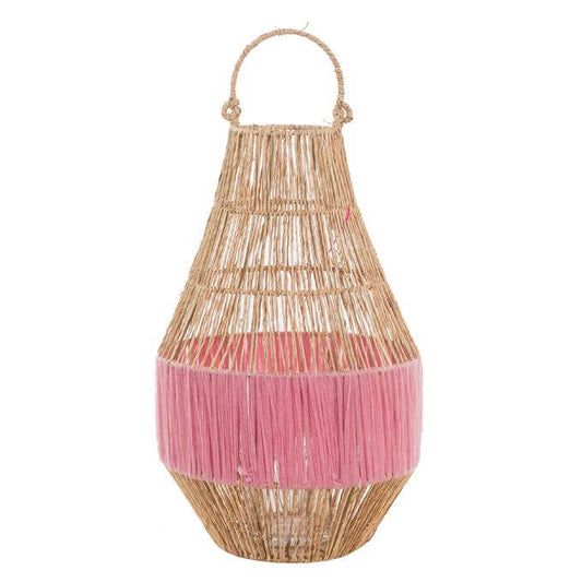Jute lantaarn met roze band – 42 cm hoog