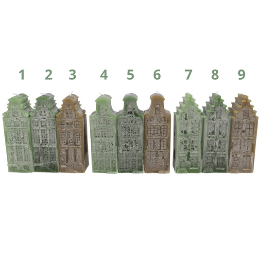 Kaarsen Amsterdamse Grachtenpand  – groen mix - 16cm hoog