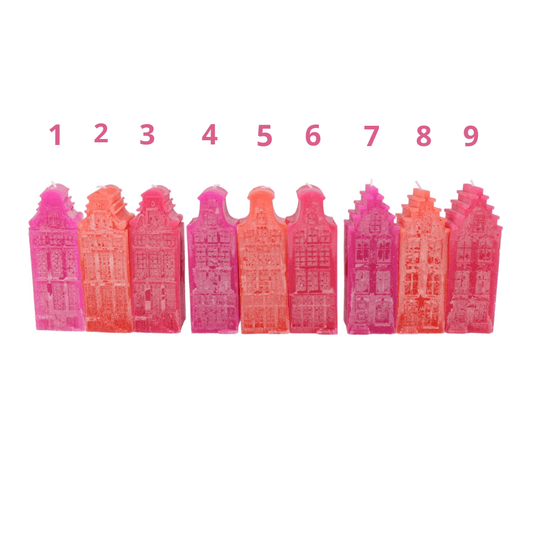 Kaarsen Amsterdamse Grachtenpand Fuchsia/oranje – 9 Unieke Ontwerpen in 2 Hoogtes