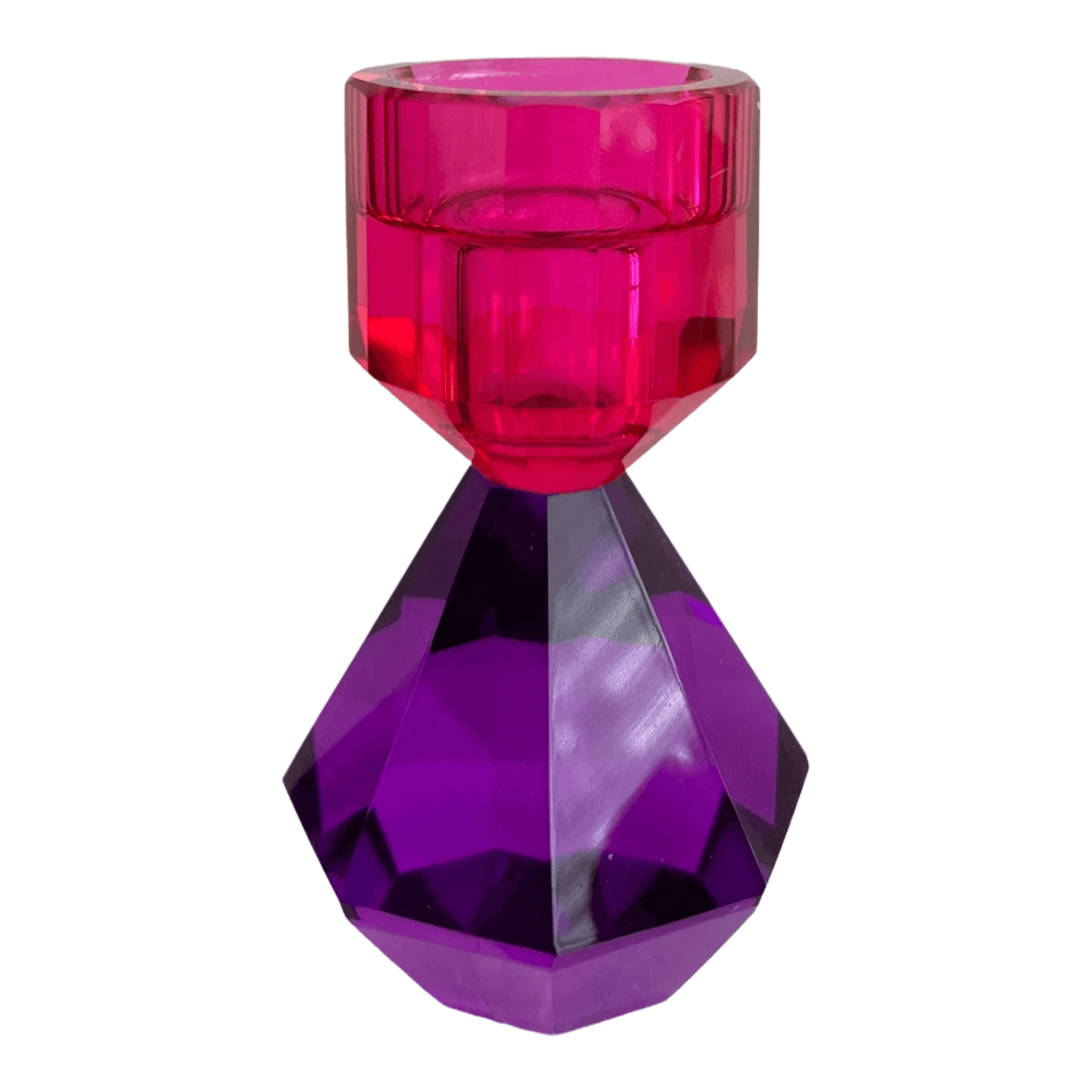 Glazen kandelaar van kristalglas in paars/roze