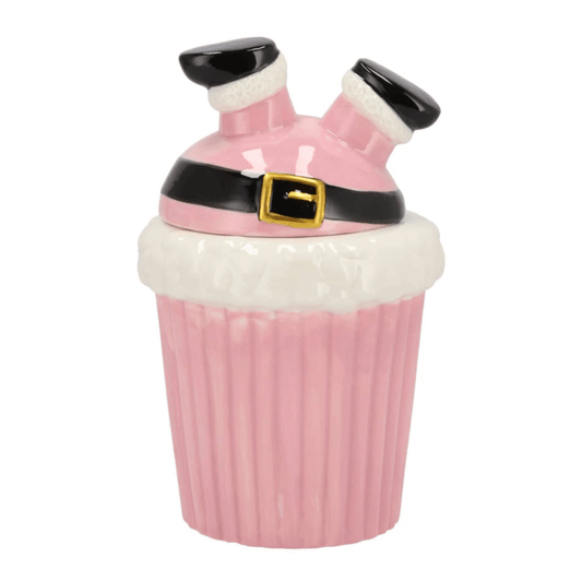 Voorraadpot Kerstman op z’n kop – Roze – 21 cm hoog