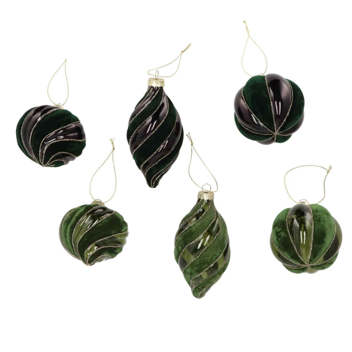 Glazen Kerstballen met fluweel- 2 kleuren groen – Set van 6