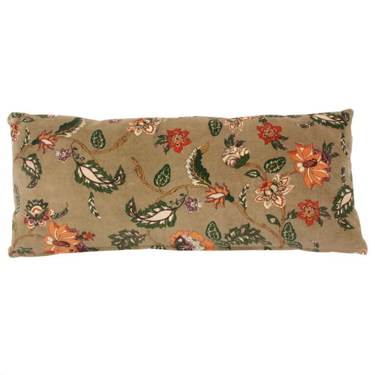 Groen velvet sierkussen - bloemenprint in warme kleuren-30x70 cm