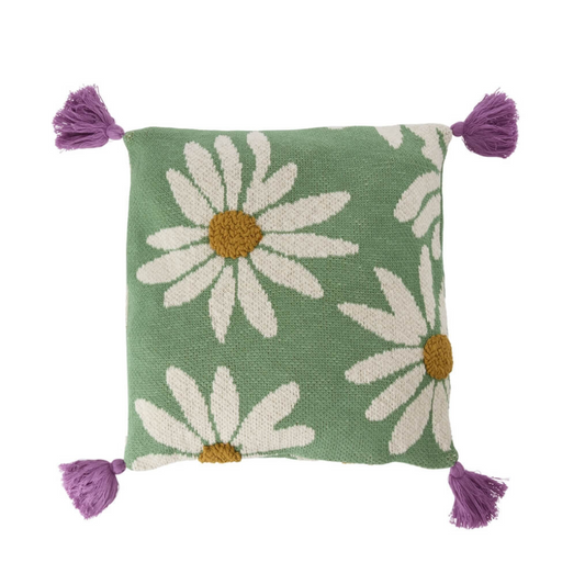 Sierkussen met gebreid madelief print –groen- Inclusief Vulling