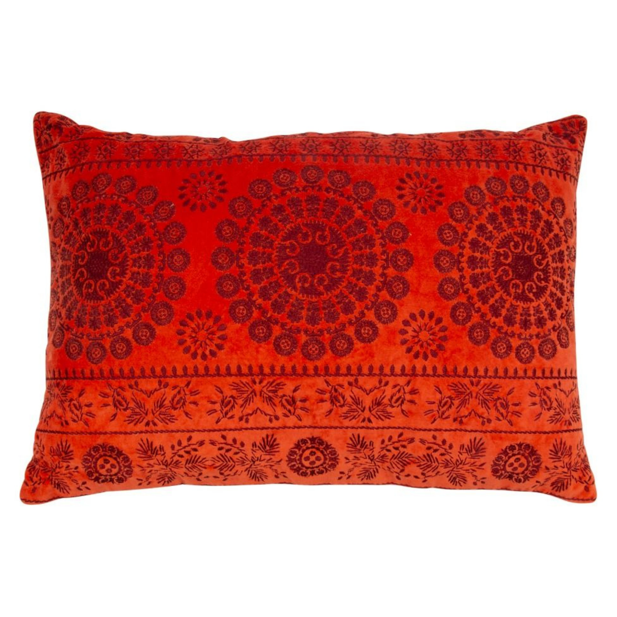 Oranje/rood velvet sierkussen met borduurwerk - 40x60 cm