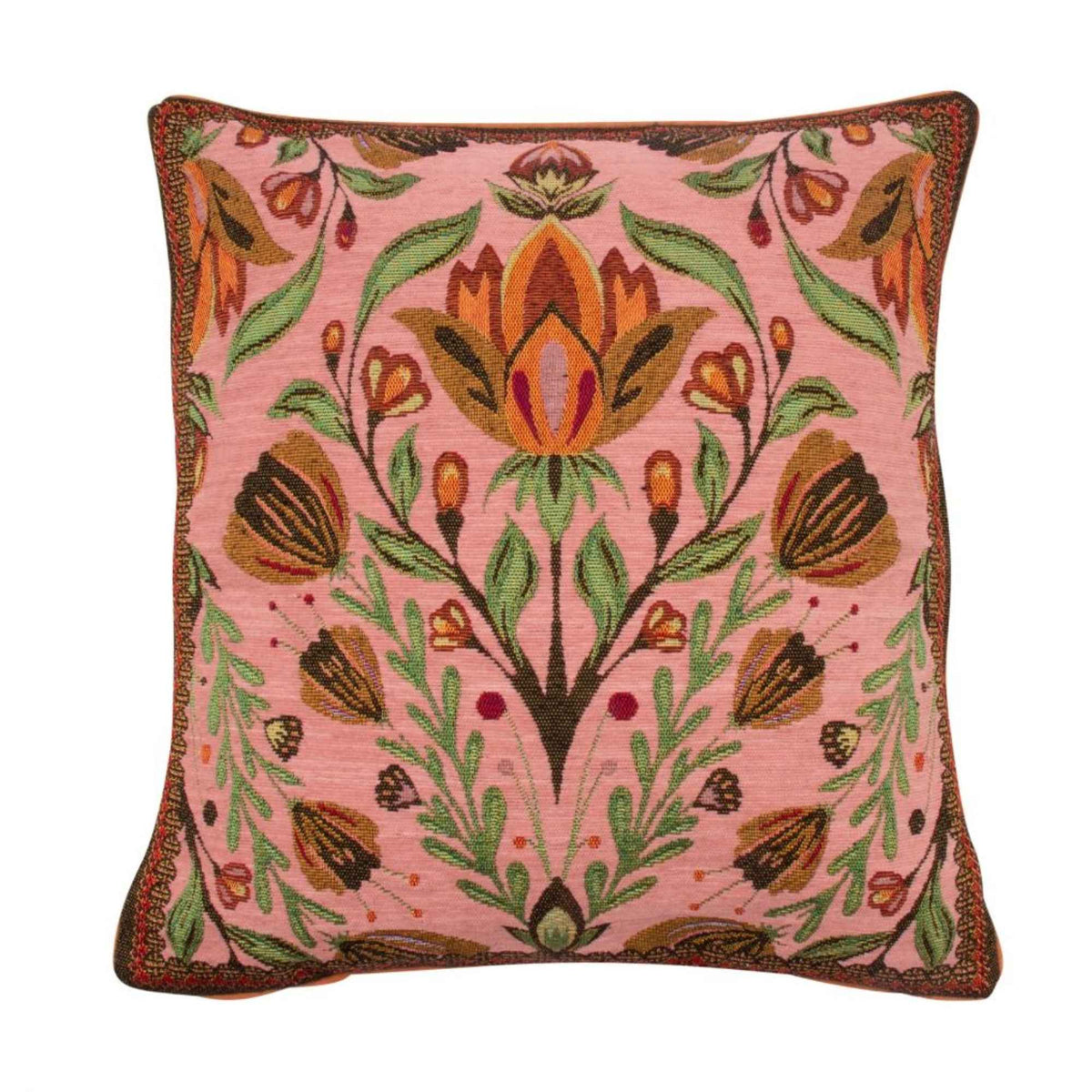 Geweven sierkussen roze met bloemen 50x50 cm