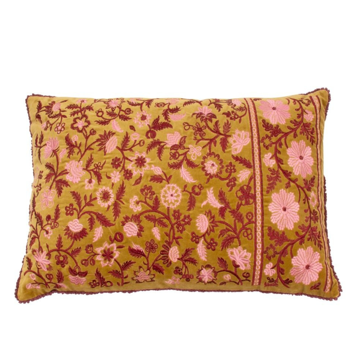 Olijfgroen kussen met roze borduurwerk - velvet -40x60 cm
