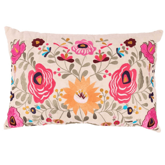 Katoenen sierkussen geborduurde bloemen – ecru – incl. vulling
