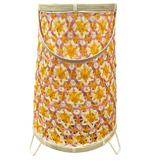 Bamboe Lantaarn  geel/roze – 46 cm Hoog – Inclusief Glazen windlicht