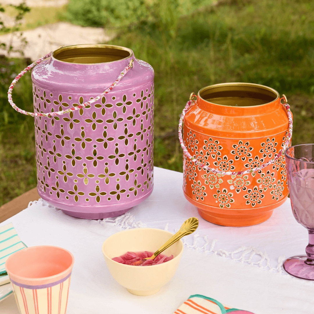 Metalen Lantaarn met Bloemenmotief - Paars - Rice