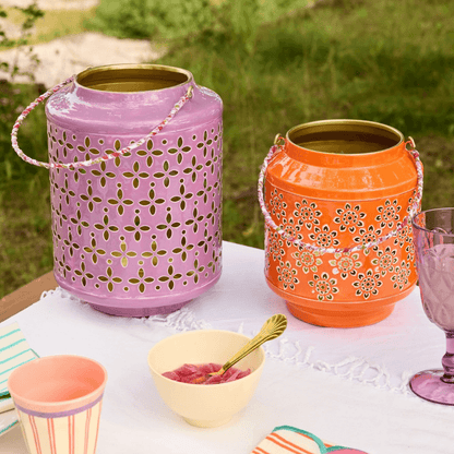 Metalen Lantaarn met Bloemenmotief - Paars - Rice