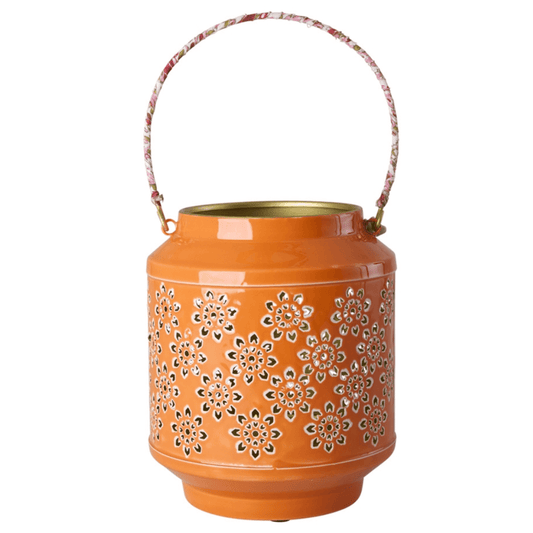 Metalen Lantaarn met Bloemenmotief - Oranje - Rice