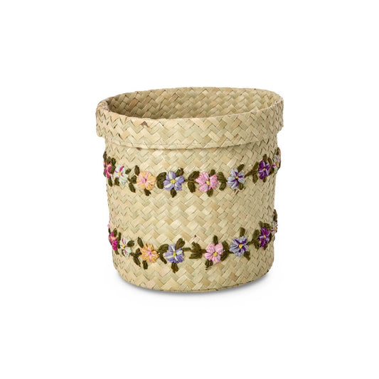 Mand van raffia handgeborduurd - 14cm hoog