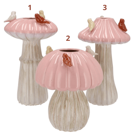 Paddestoel Vaas large met Vogeltjes - Roze & Wit