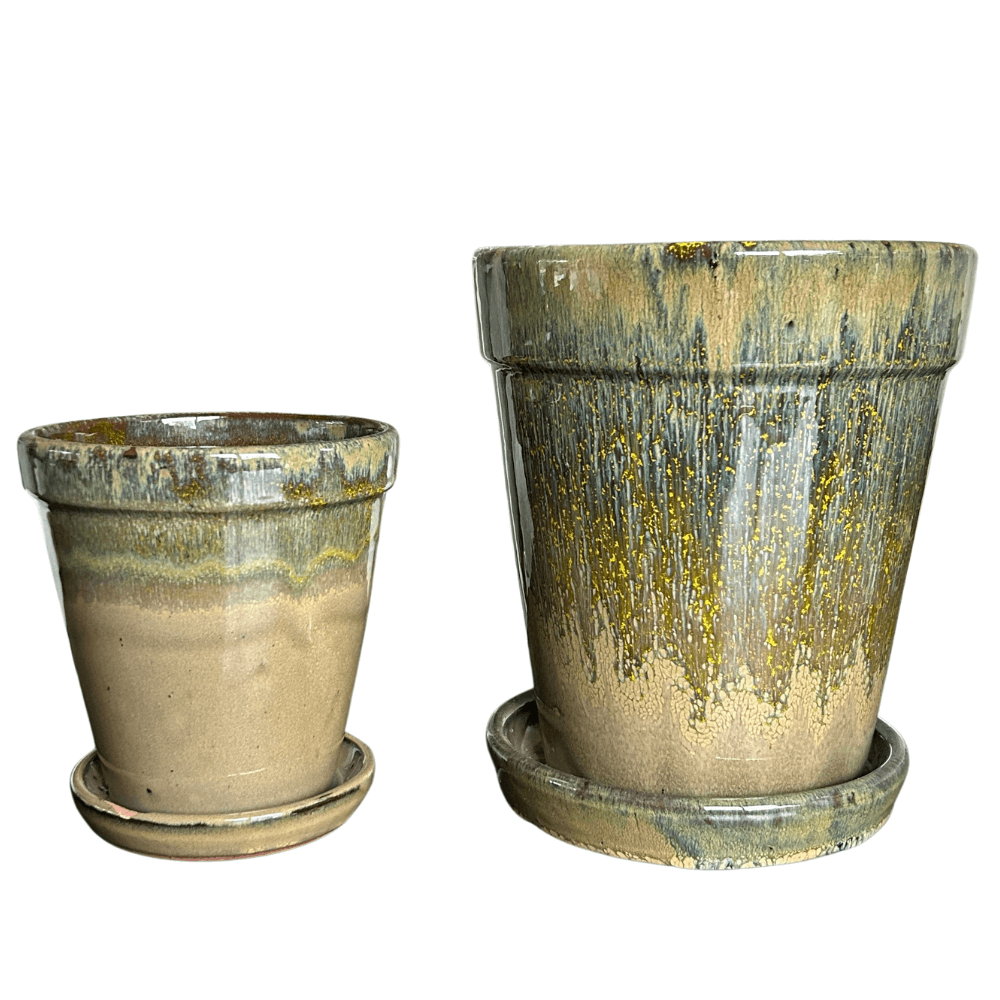 Aardewerken Pot met Vaste Schotel – zand/groen tinten –  in 2 Maten