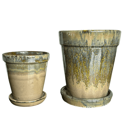 Aardewerken Pot met Vaste Schotel – zand/groen tinten –  in 2 Maten