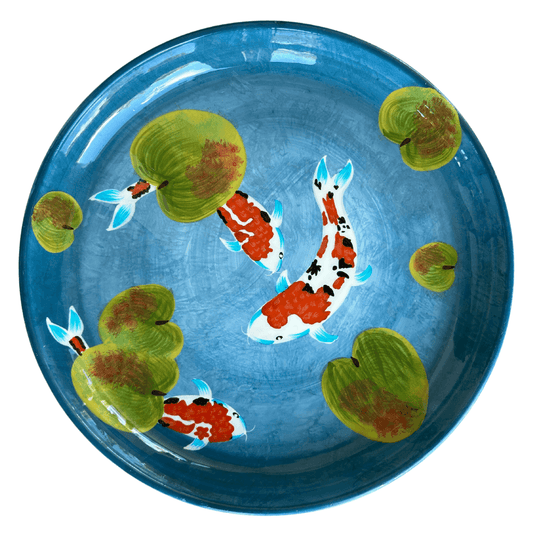 Rond Metaal Plateau - Ø41 cm – Blauw met Koi-Karpers & Waterlelies – Ook Ophangbaar