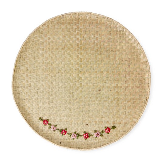 Dienblad Raffia Handgemaakt – Met Geborduurde Bloemen - uit Madagaskar