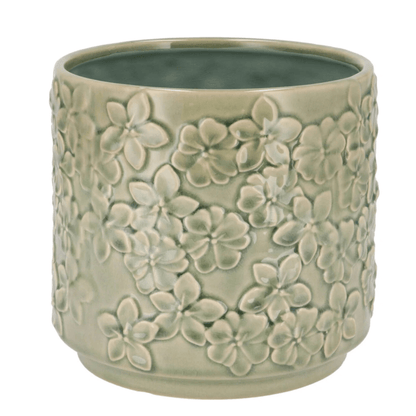 Geglazuurde bloempot - met bloemenreliëf
