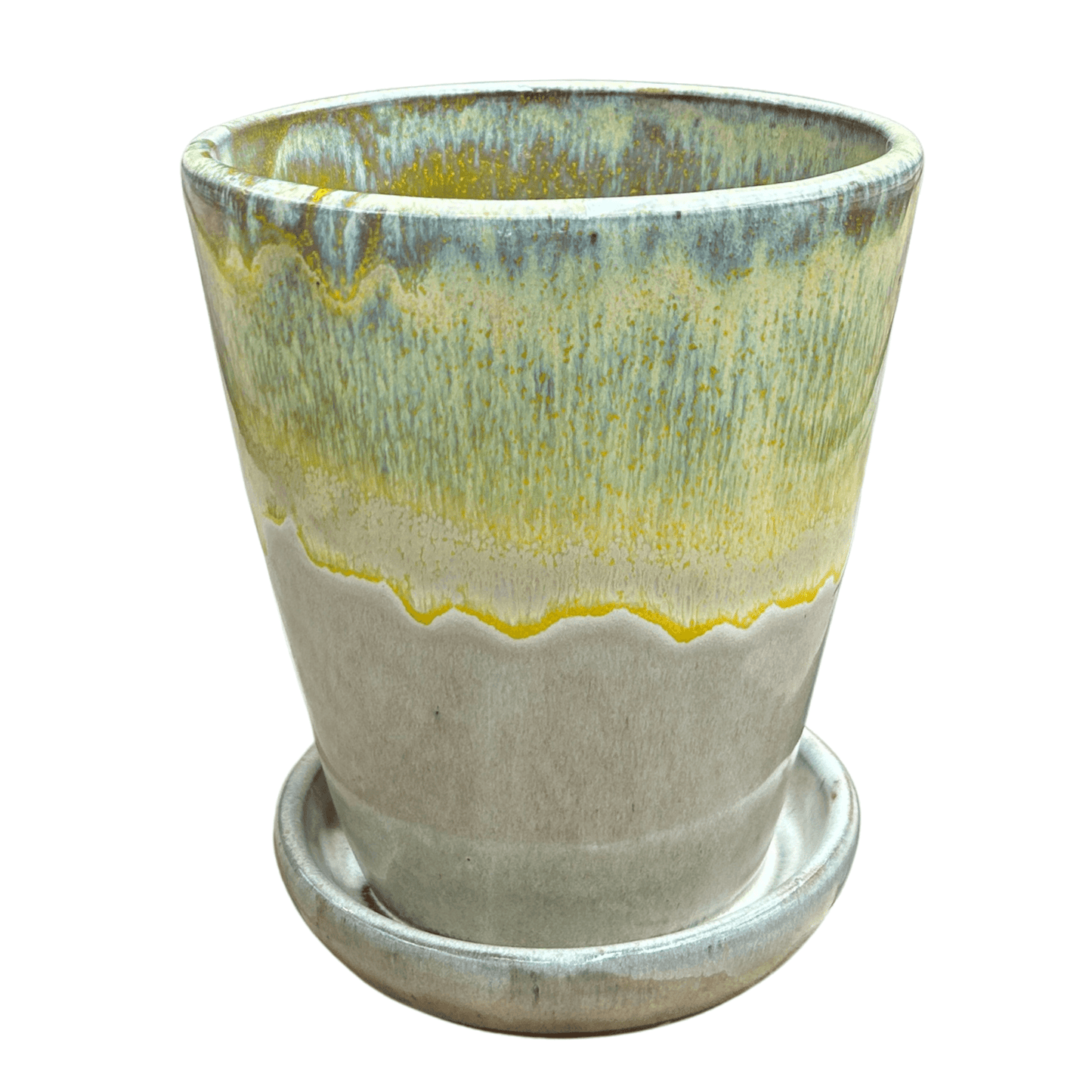 Plantenpotje naturel/geel met schotel – Handgemaakt - 17 cm