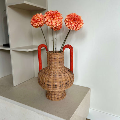 Rietgevlochten Vaas met oranje Handgrepen  – 44 cm Hoog