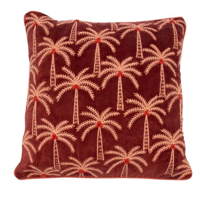 Donkerrood velvet sierkussen palmbomen - 50x50 cm
