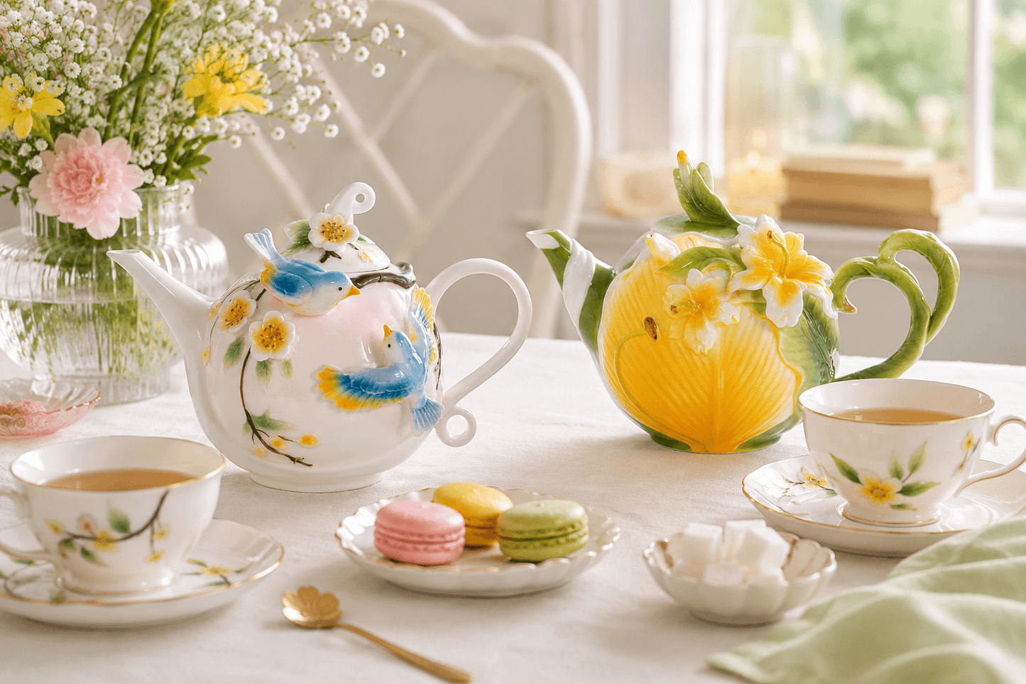 Teekanne mit Vogel und Blumen