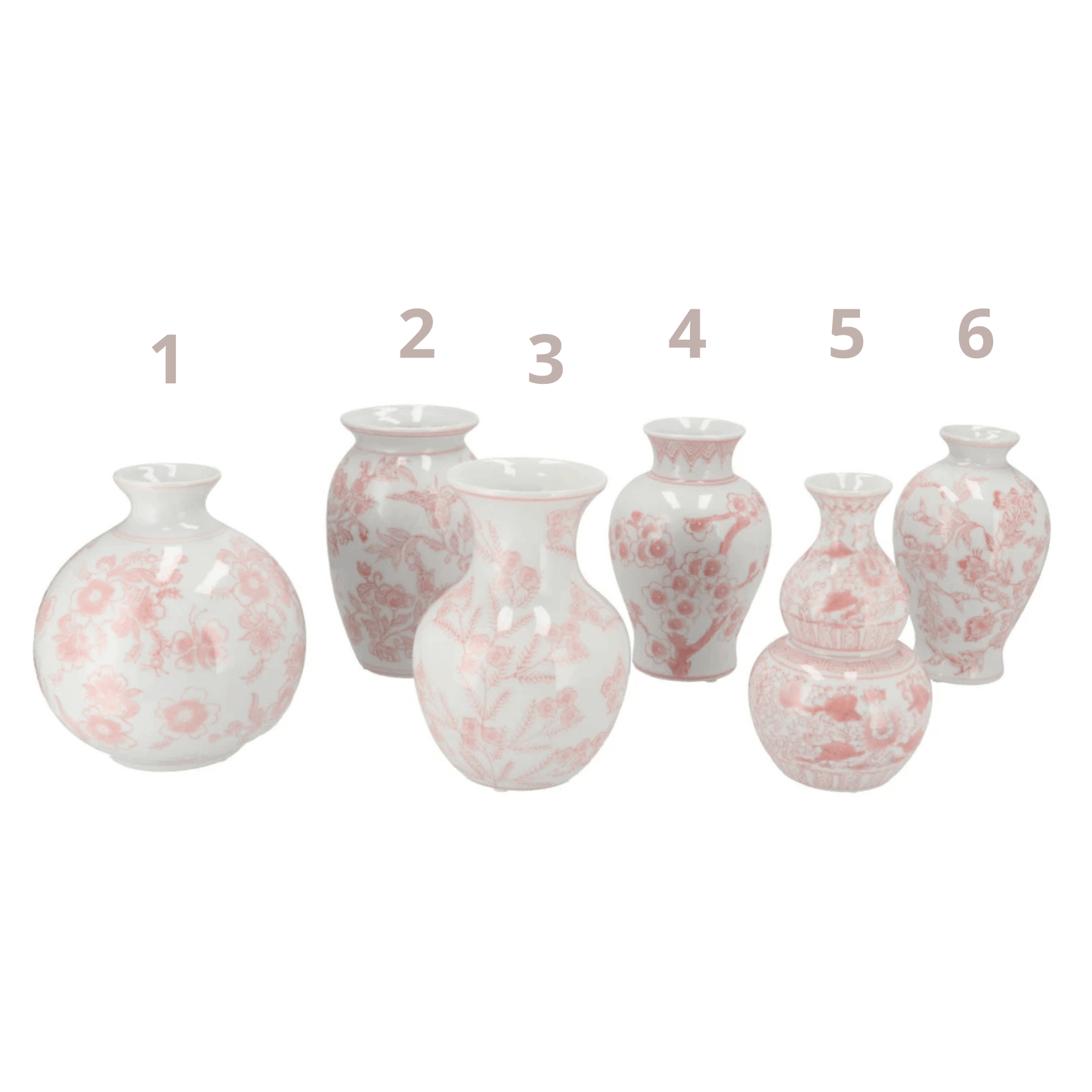 Delfts roze vaasjes – set van 6 varianten - 16cm Hoog