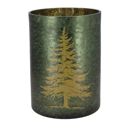 Groen Windlicht met Gouden Kerstboom – 13 cm